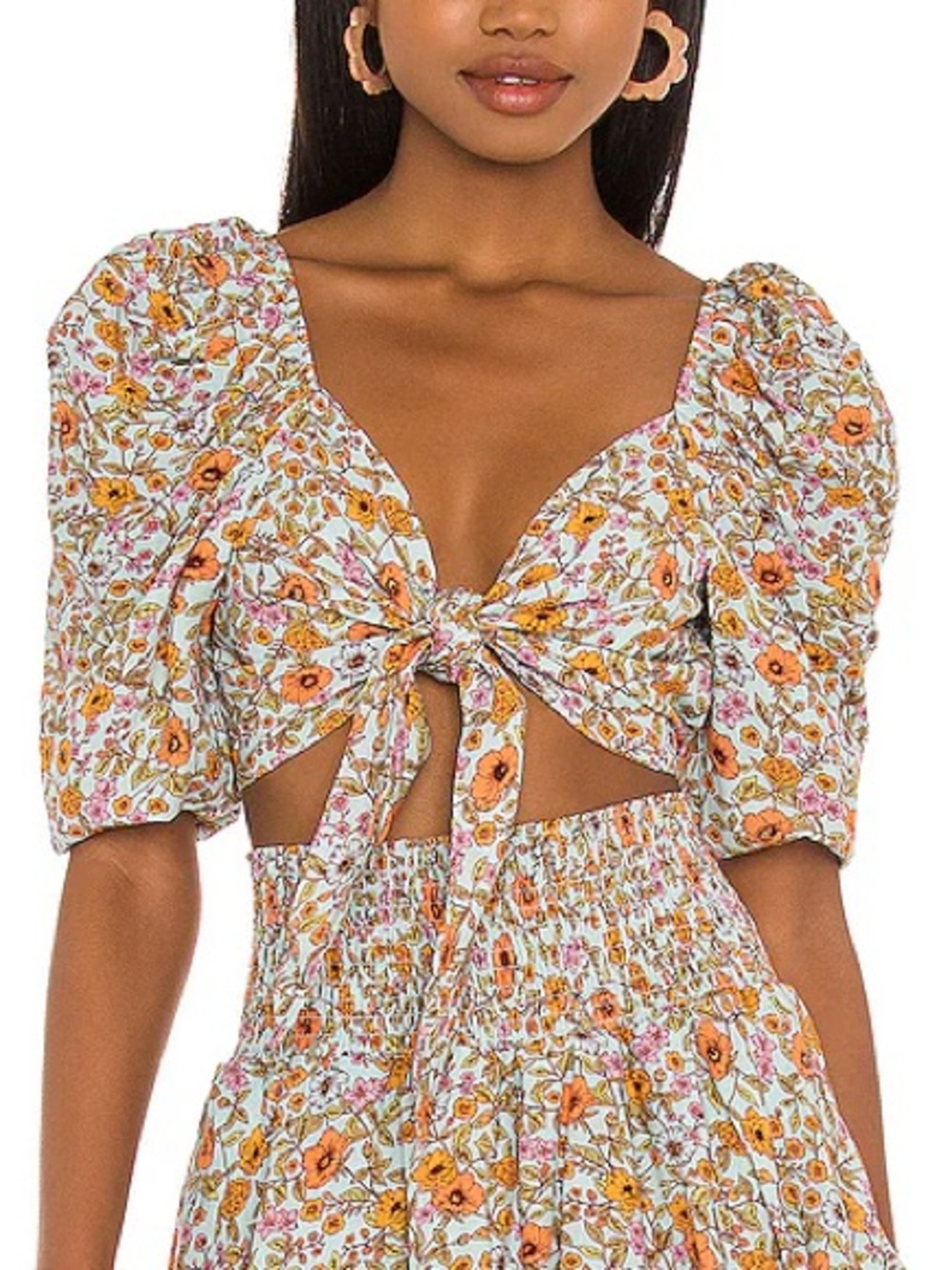 Maaji Columbine Floral Tie-Front Puff Sleeve Crop Top